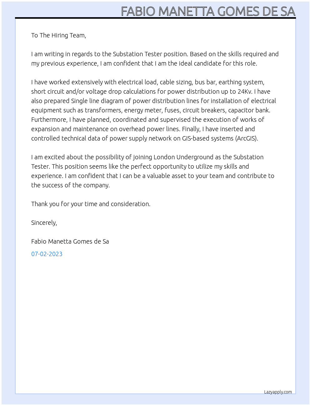 Substation Tester At London Underground Cover Letter