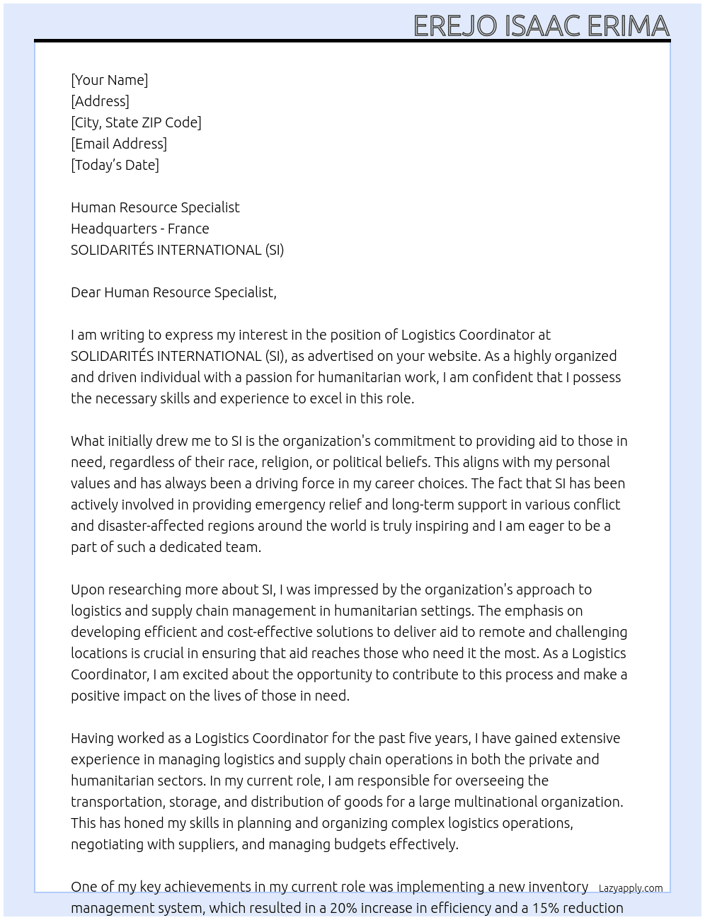 Logistics Coordinator  At SOLIDARITÉS INTERNATIONAL (SI) Cover Letter