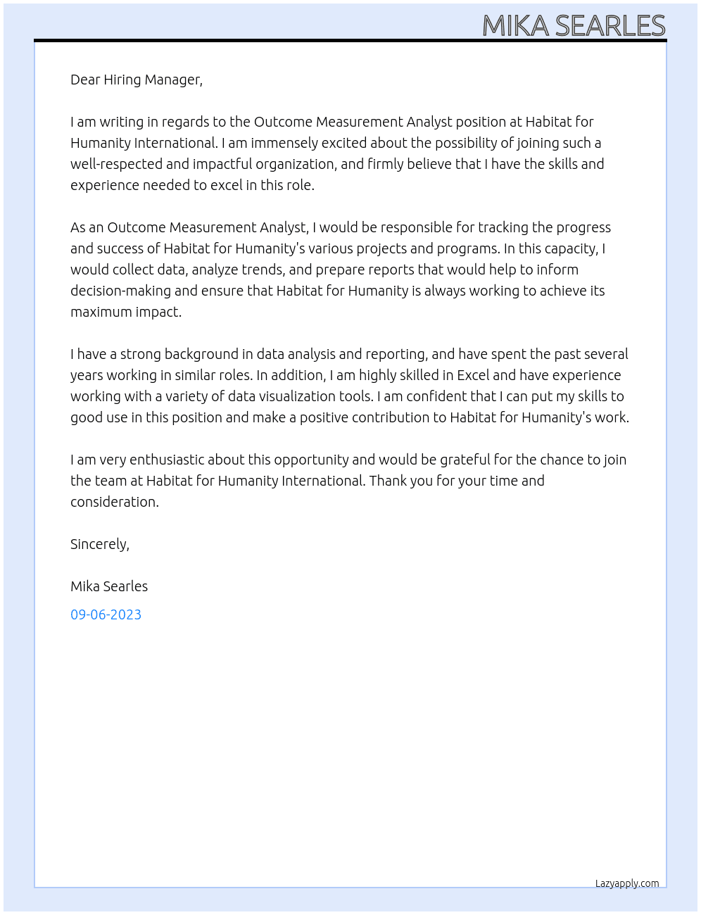Outcome Measurement Analyst At Habitat for Humanity International Cover Letter