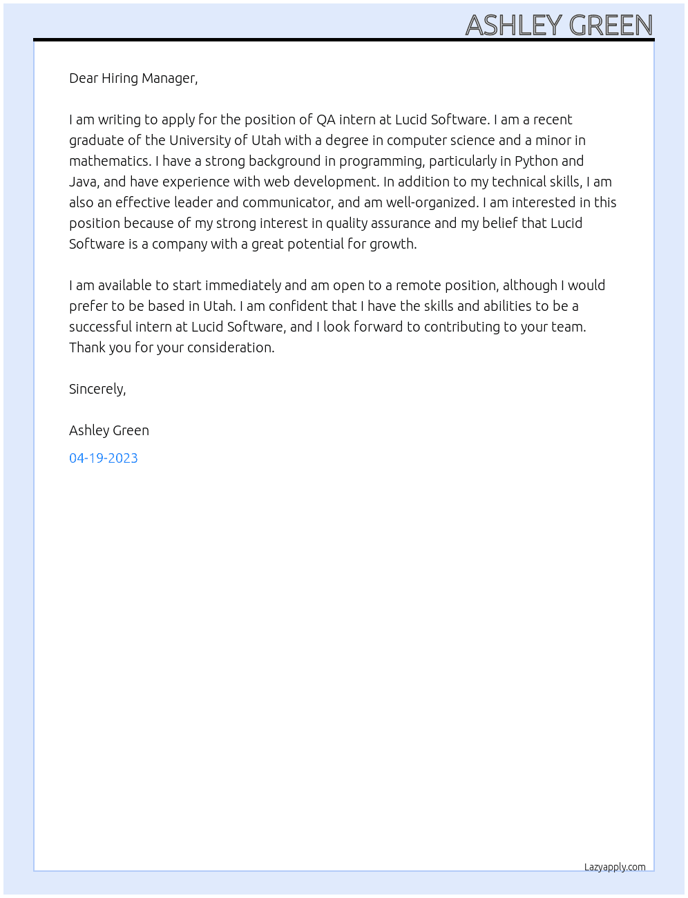 QA intern At Lucid Software Cover Letter