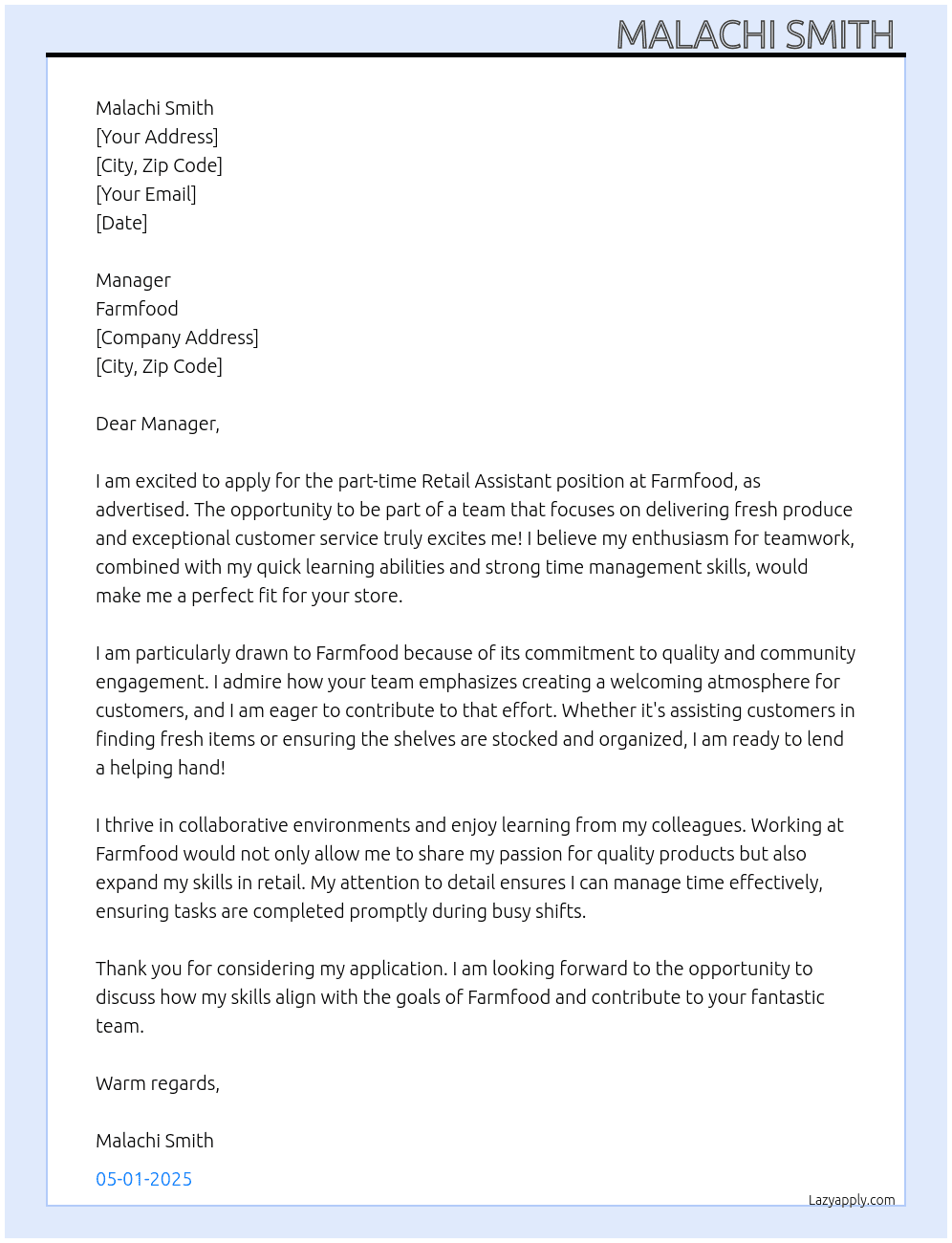 retail assistant  At Farmfood  Cover Letter
