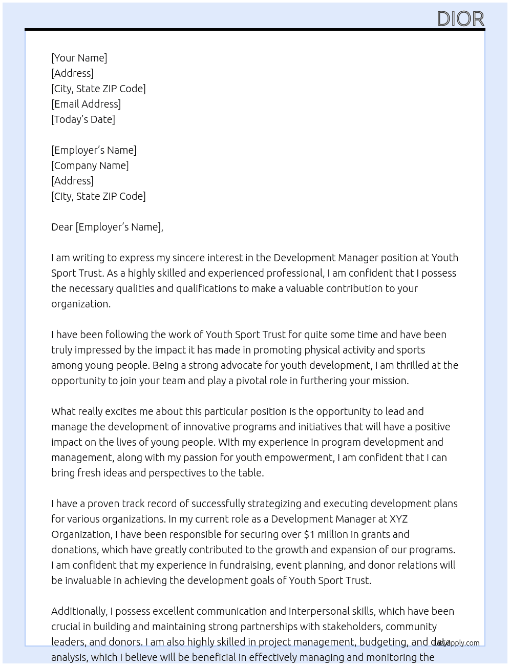 Development manager  At youth sport trust Cover Letter