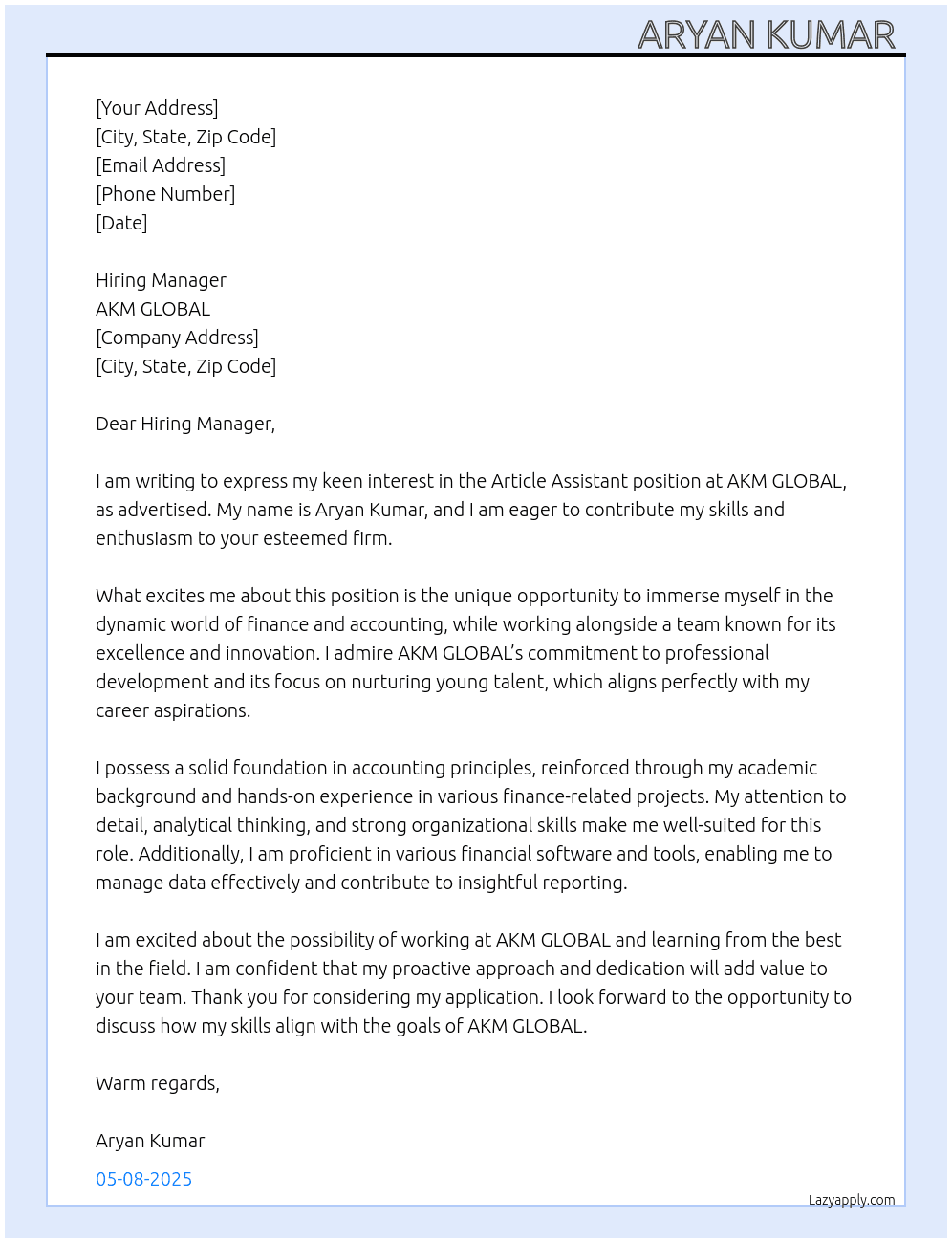 Article assistant  At AKM GLOBAL  Cover Letter