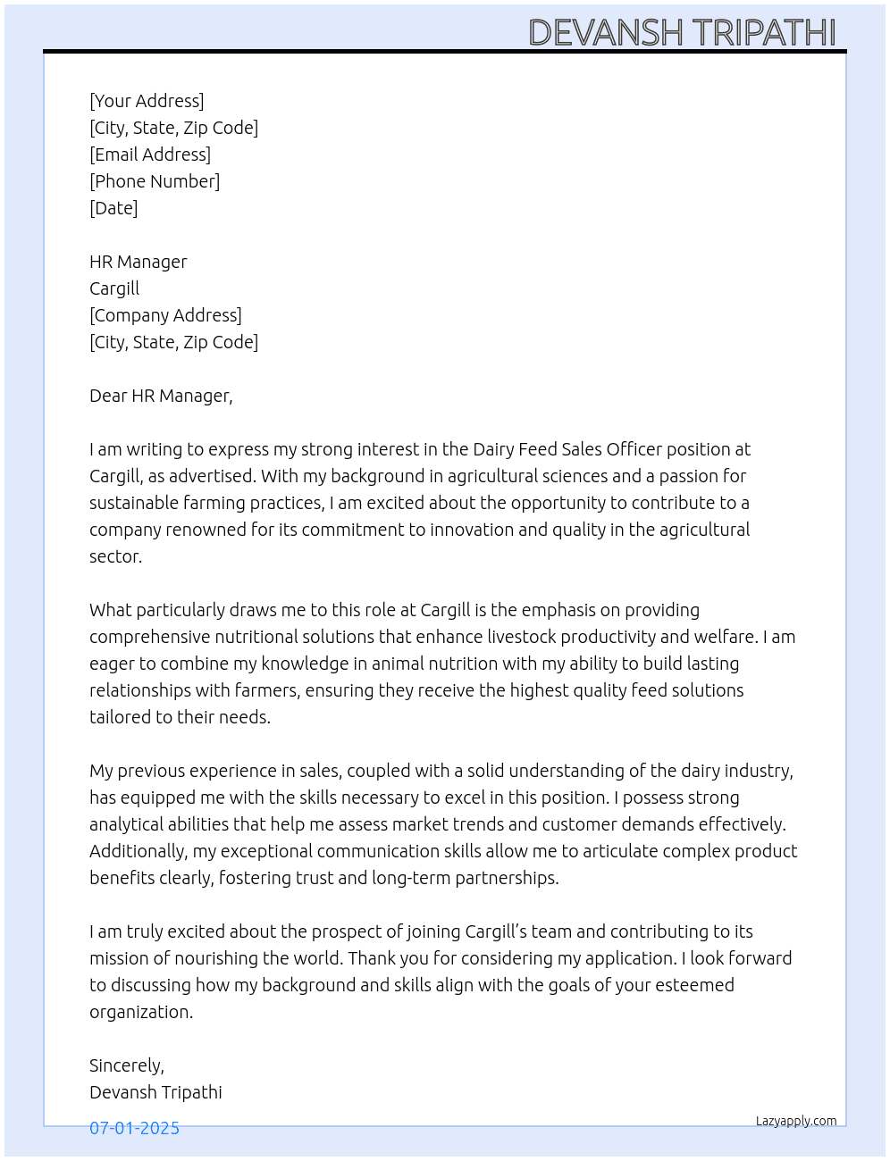 Dairy feed sale officer  At Cargill  Cover Letter