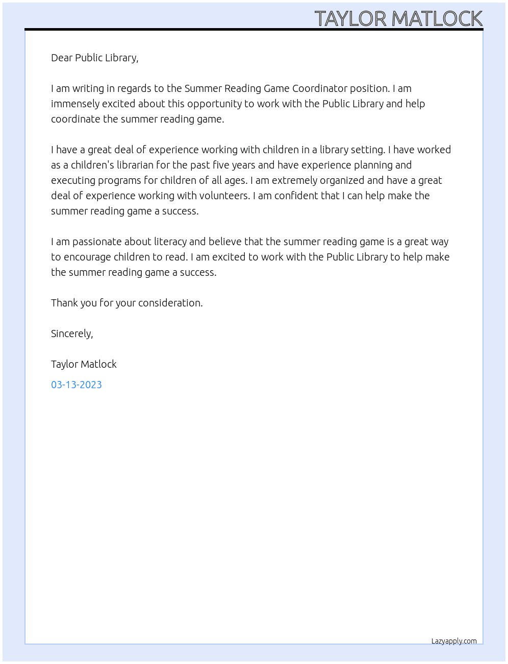 Summer Reading Game Coordinator At Public Library  Cover Letter
