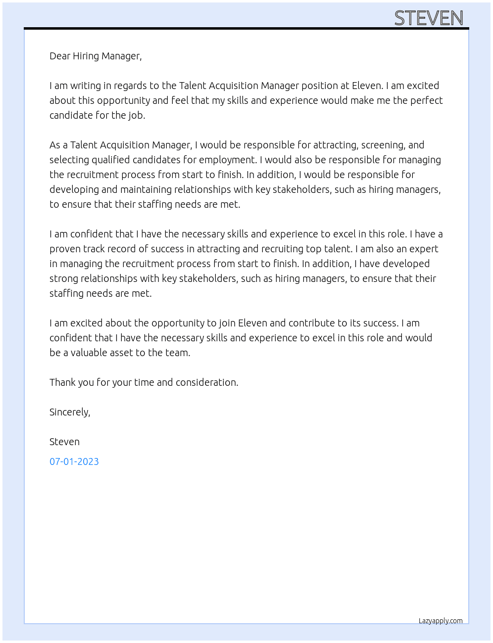 Talent Acquisition Manager  At Eleven Cover Letter