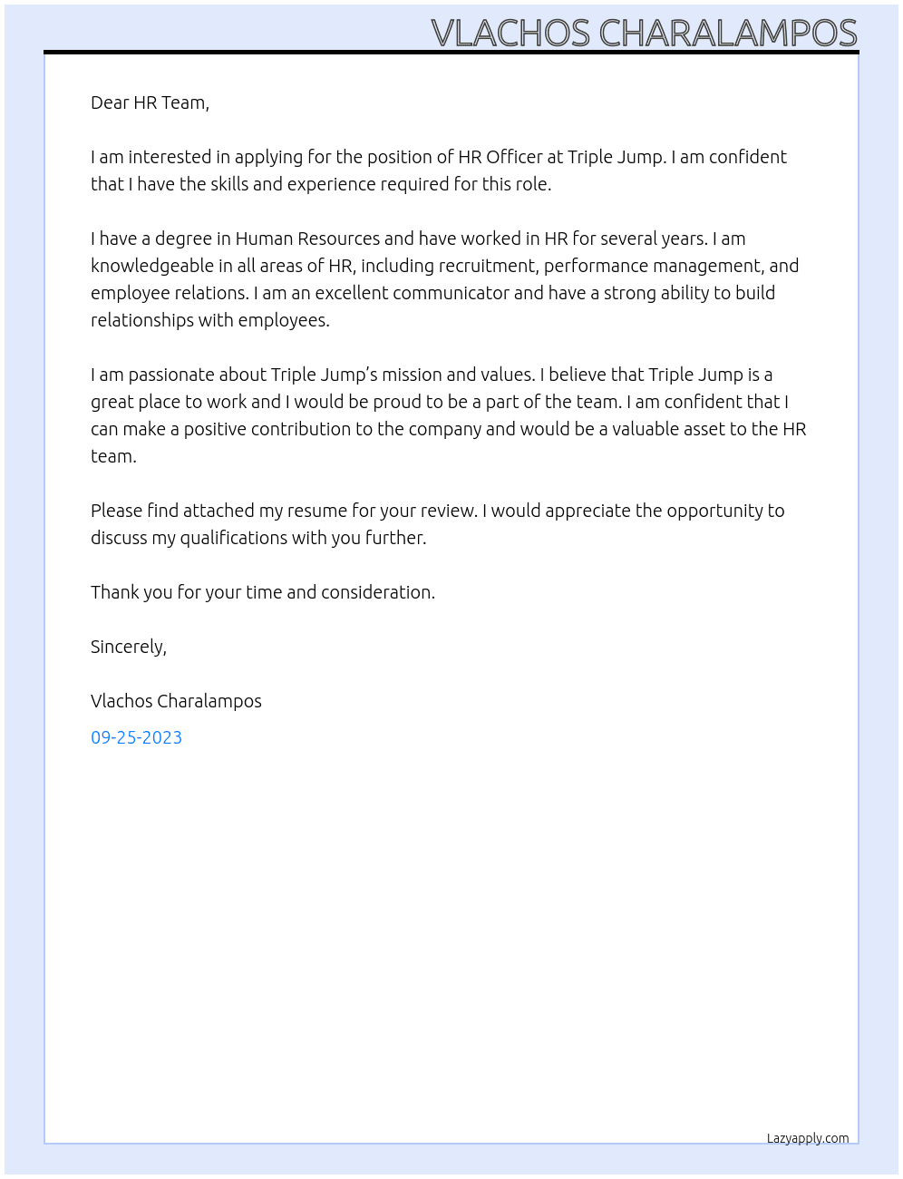 HR Officer At Triple Jump Cover Letter