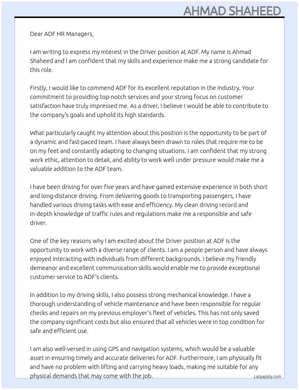 Driver  At ADF Cover Letter