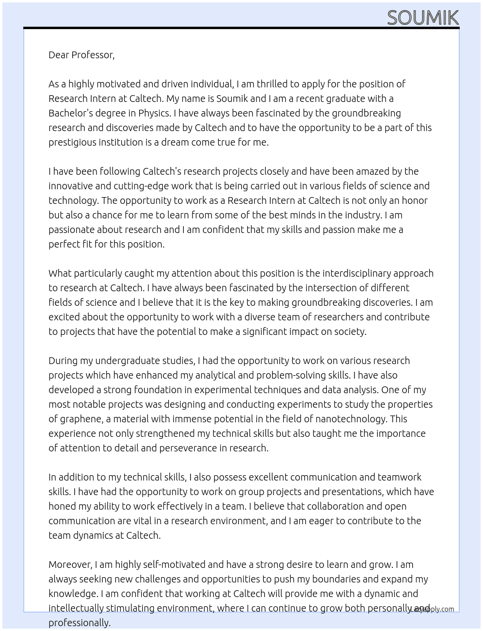 Research Intern At Caltech Cover Letter