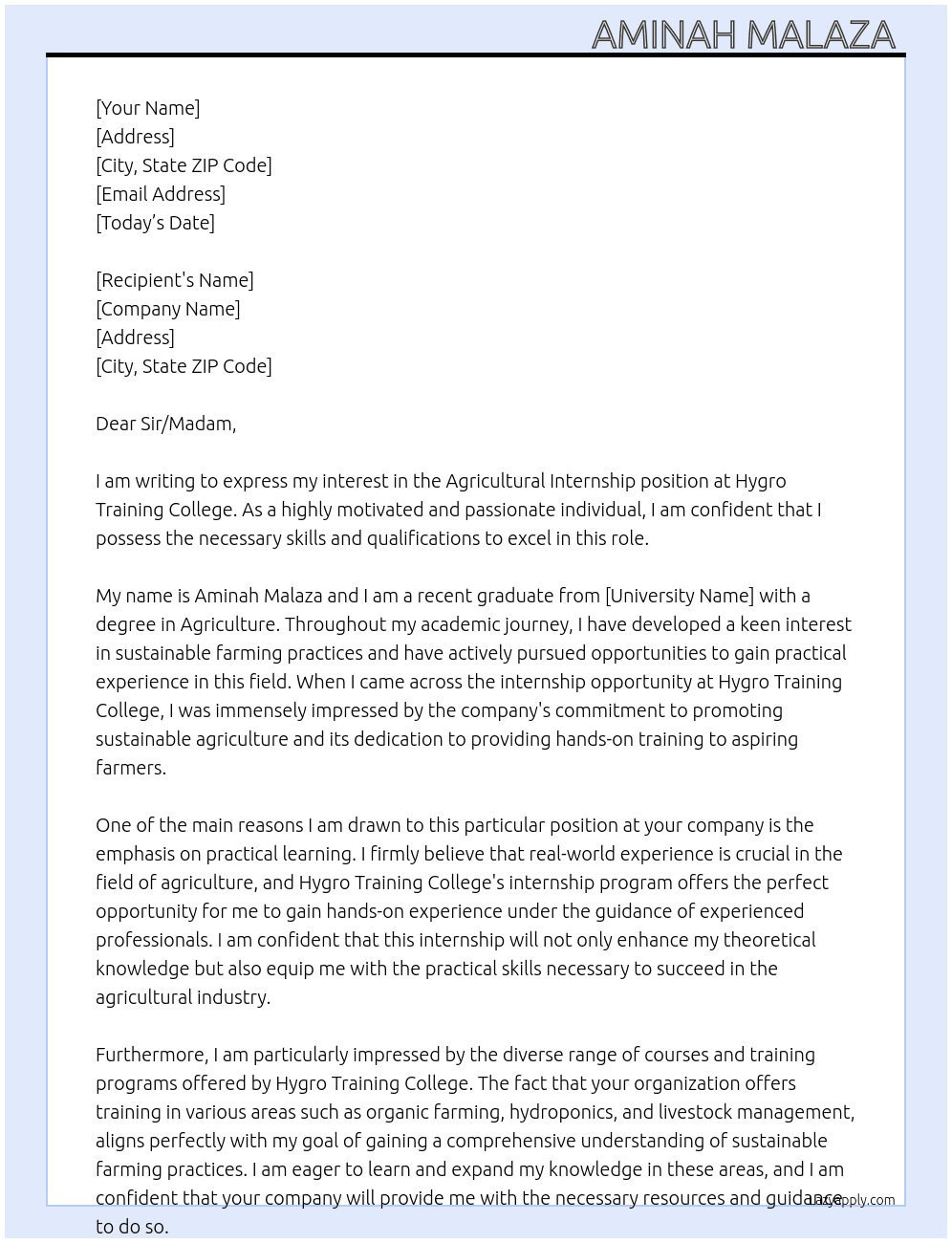 Agricultural internship  At Hygro training college Cover Letter