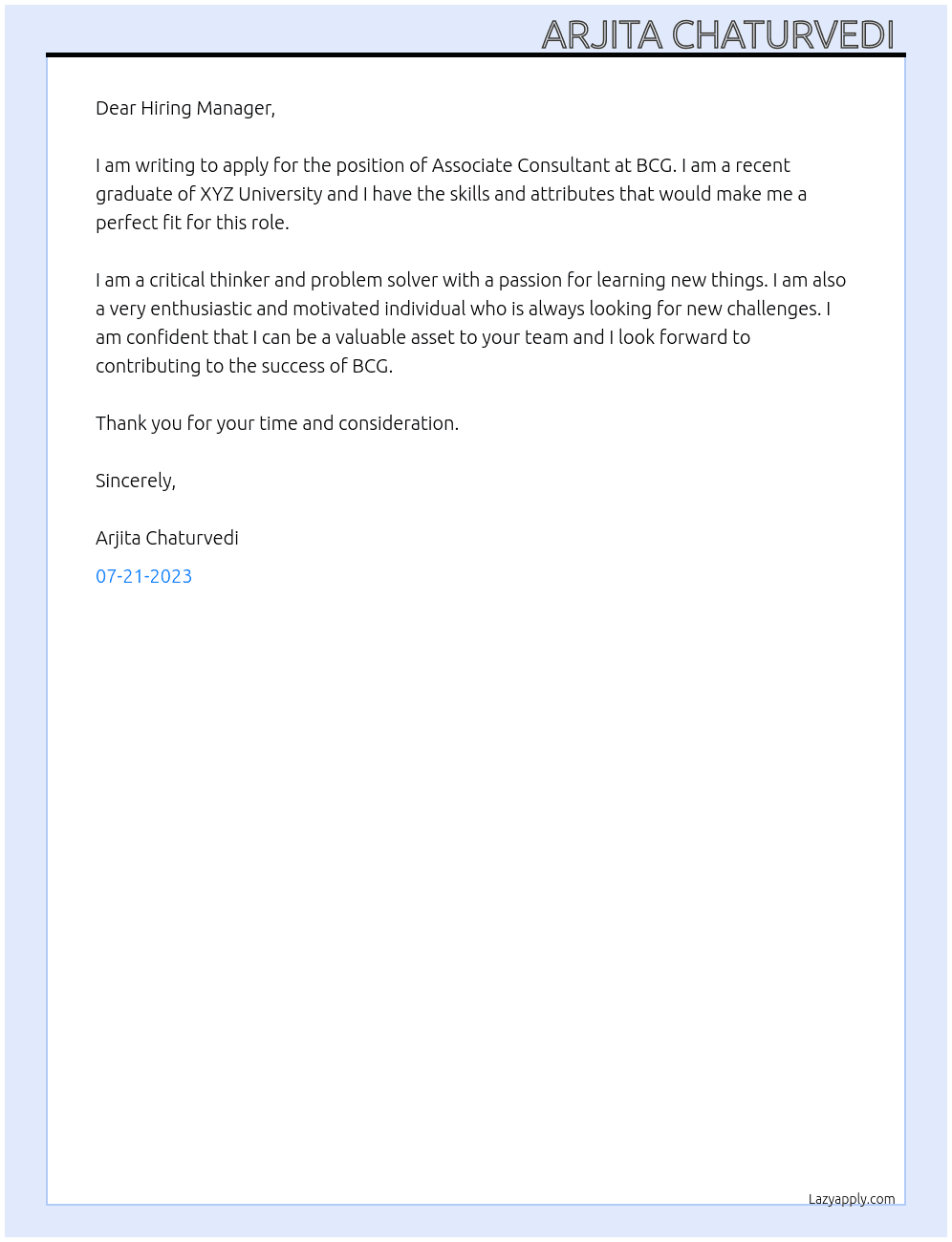 Associate consultant  At Bcg Cover Letter