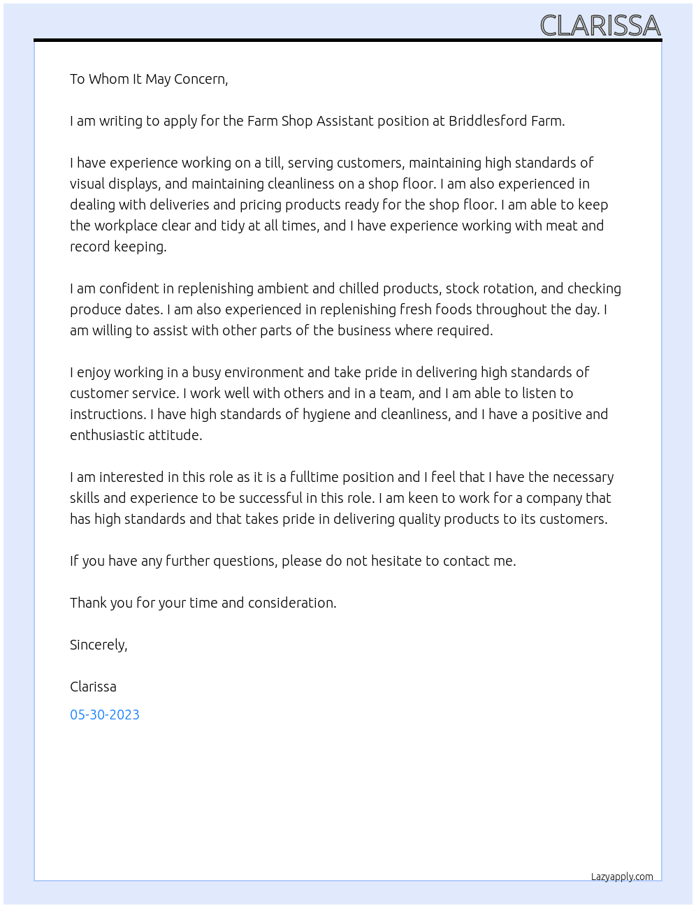 Farm Shop Assistant  At Briddlesford Farm Cover Letter