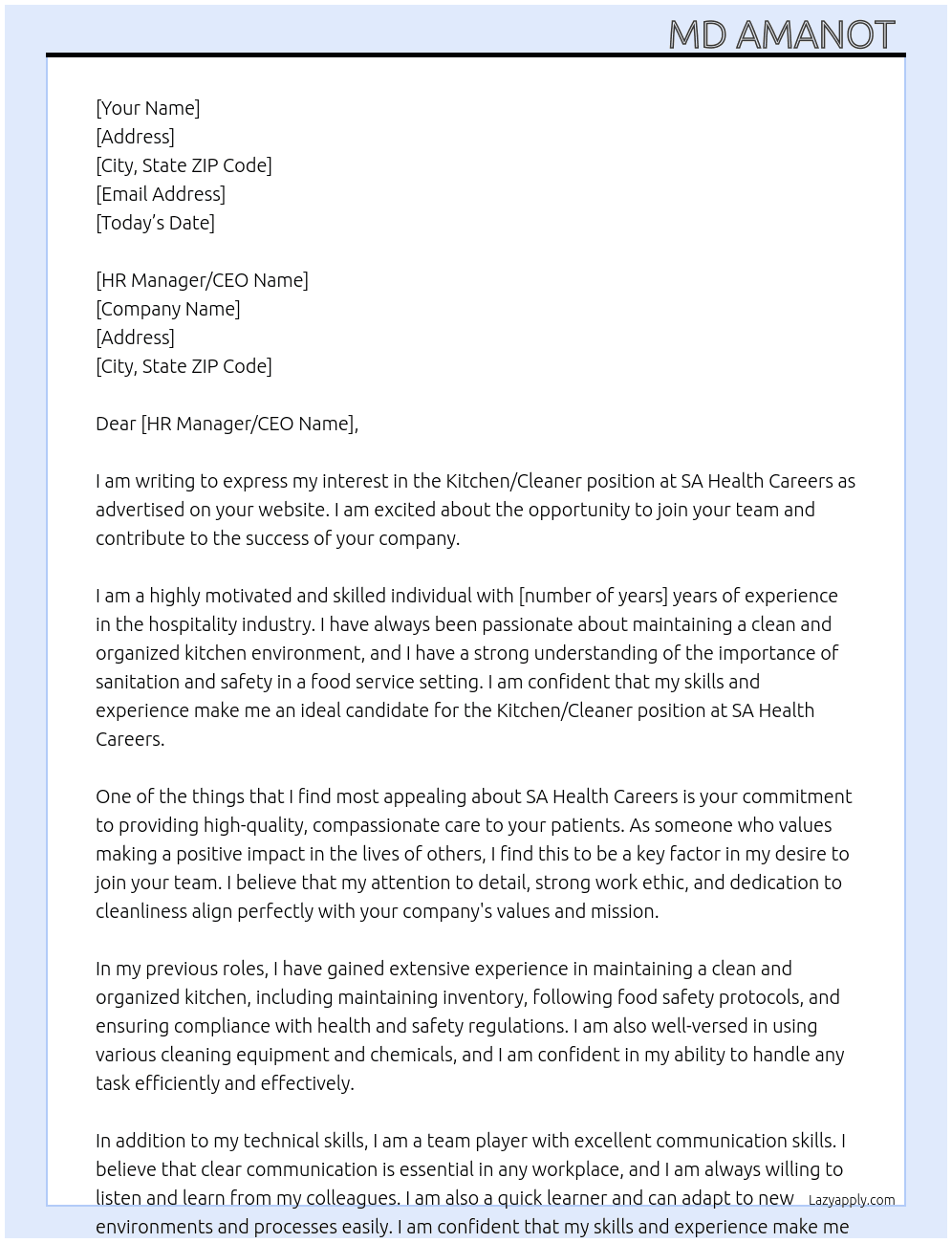 Kitchen/cleaner  At SA Health careers Cover Letter