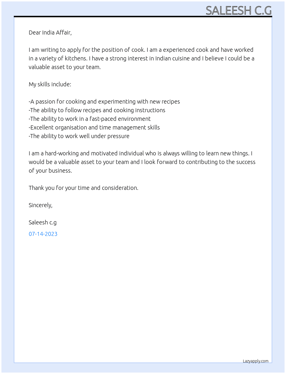Cook At Indian Affair Cover Letter