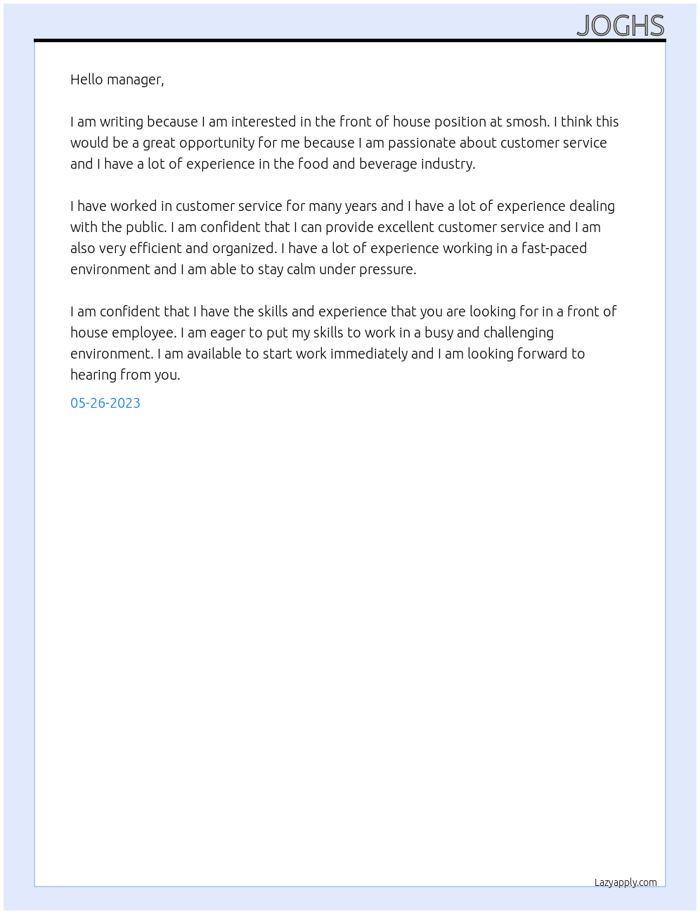 front of house At smosh Cover Letter