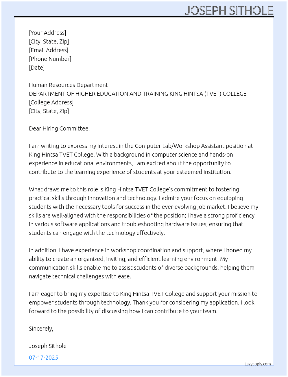 Cover letter for computer lab/ workshop assistant - LazyApply
