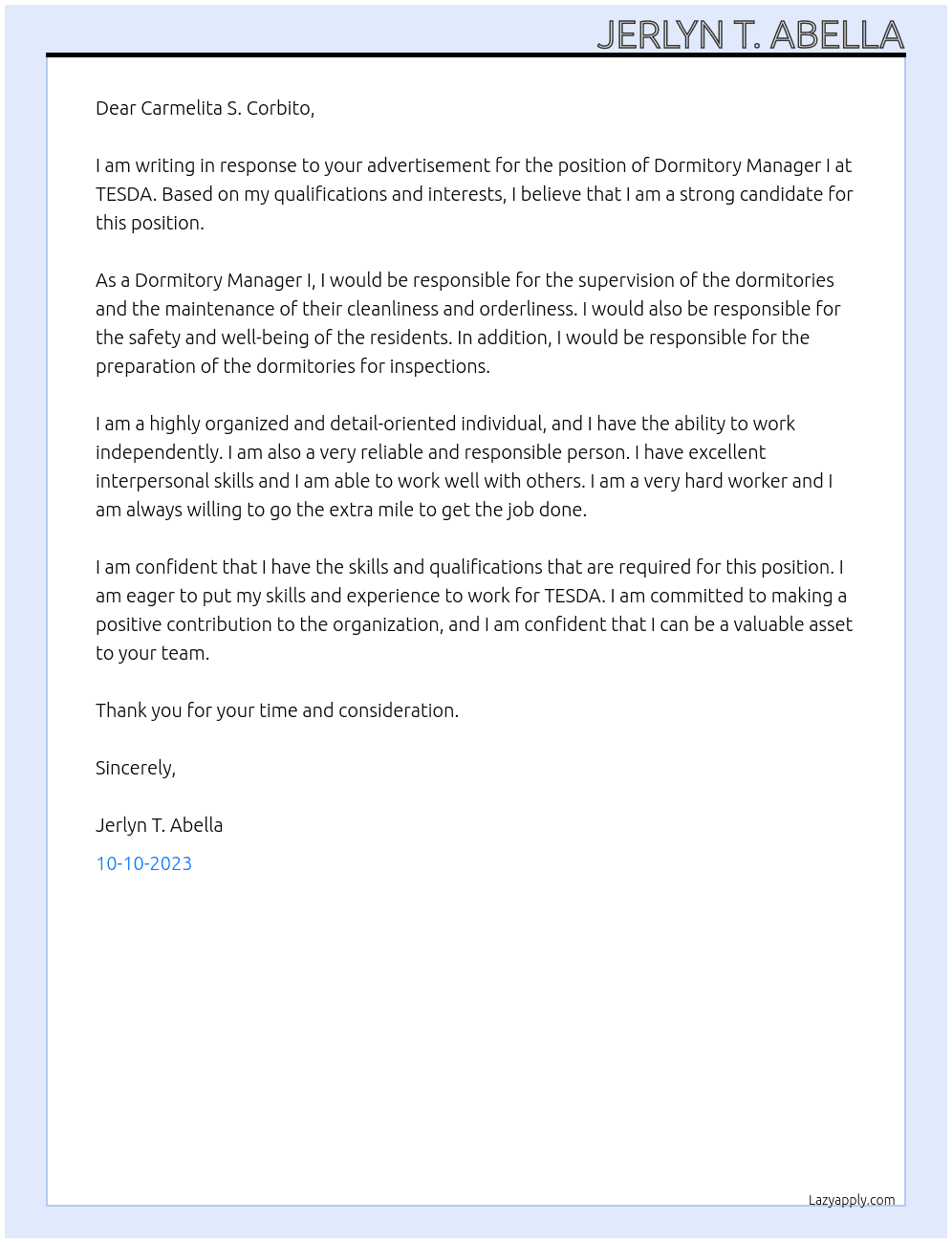 Dormitory Manager I At TESDA Cover Letter