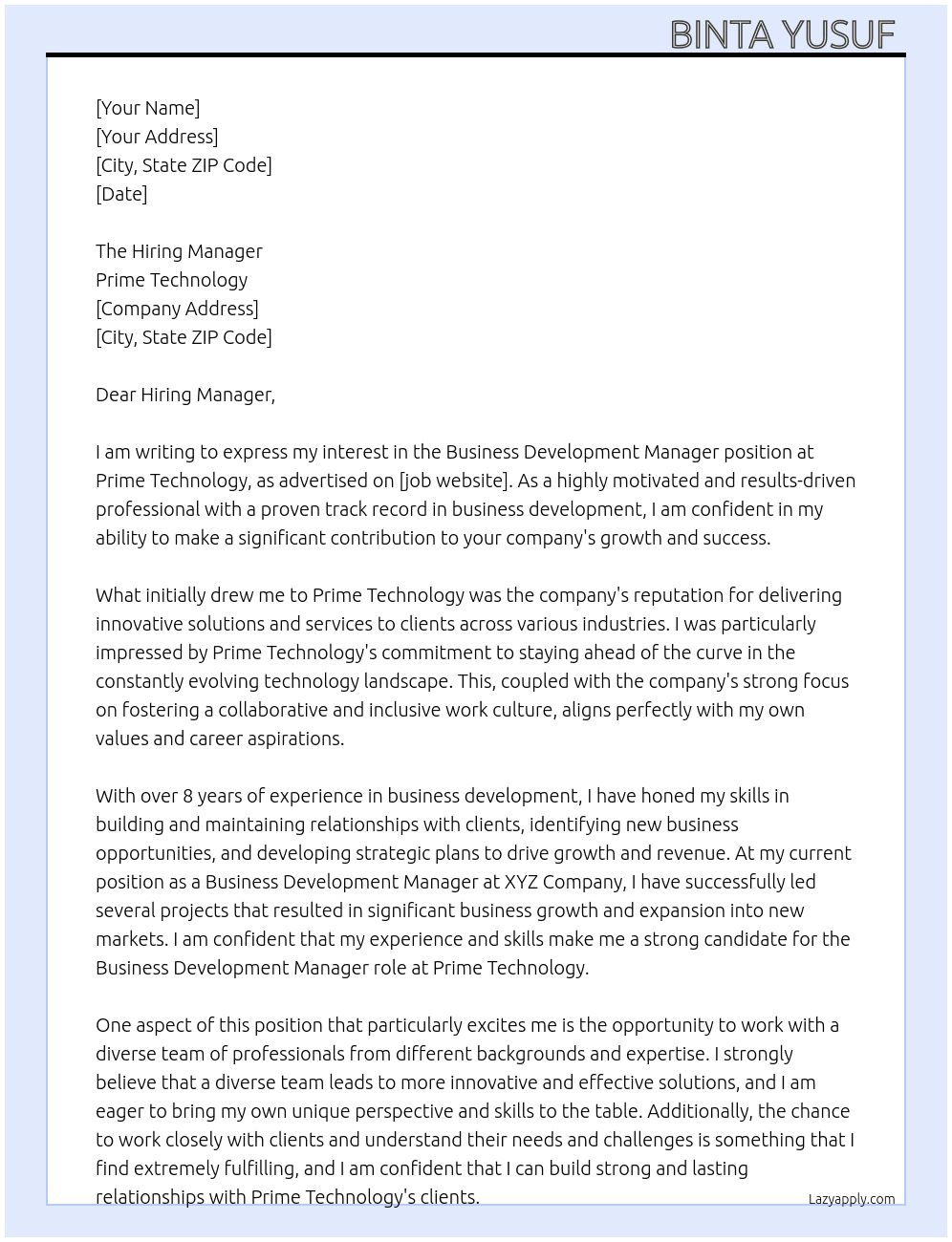 Business Development Manager At Prime Technology Cover Letter
