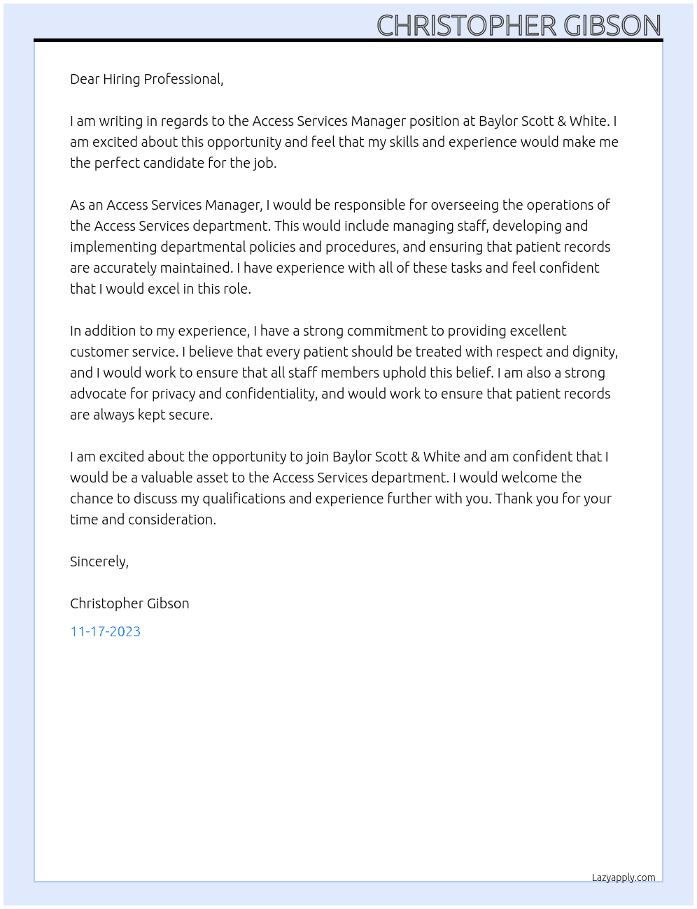 Access Services Manager At Baylor Scott & White Cover Letter