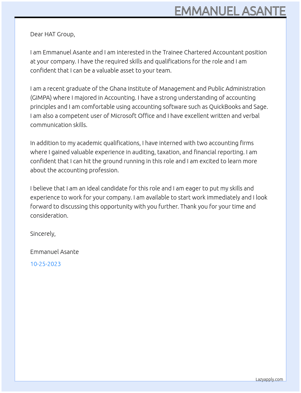  Trainee Chartered Accountant At HAT Group Cover Letter