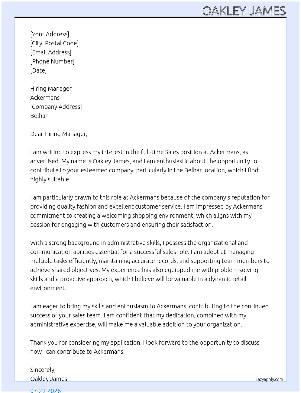 Cover letter for sales - LazyApply