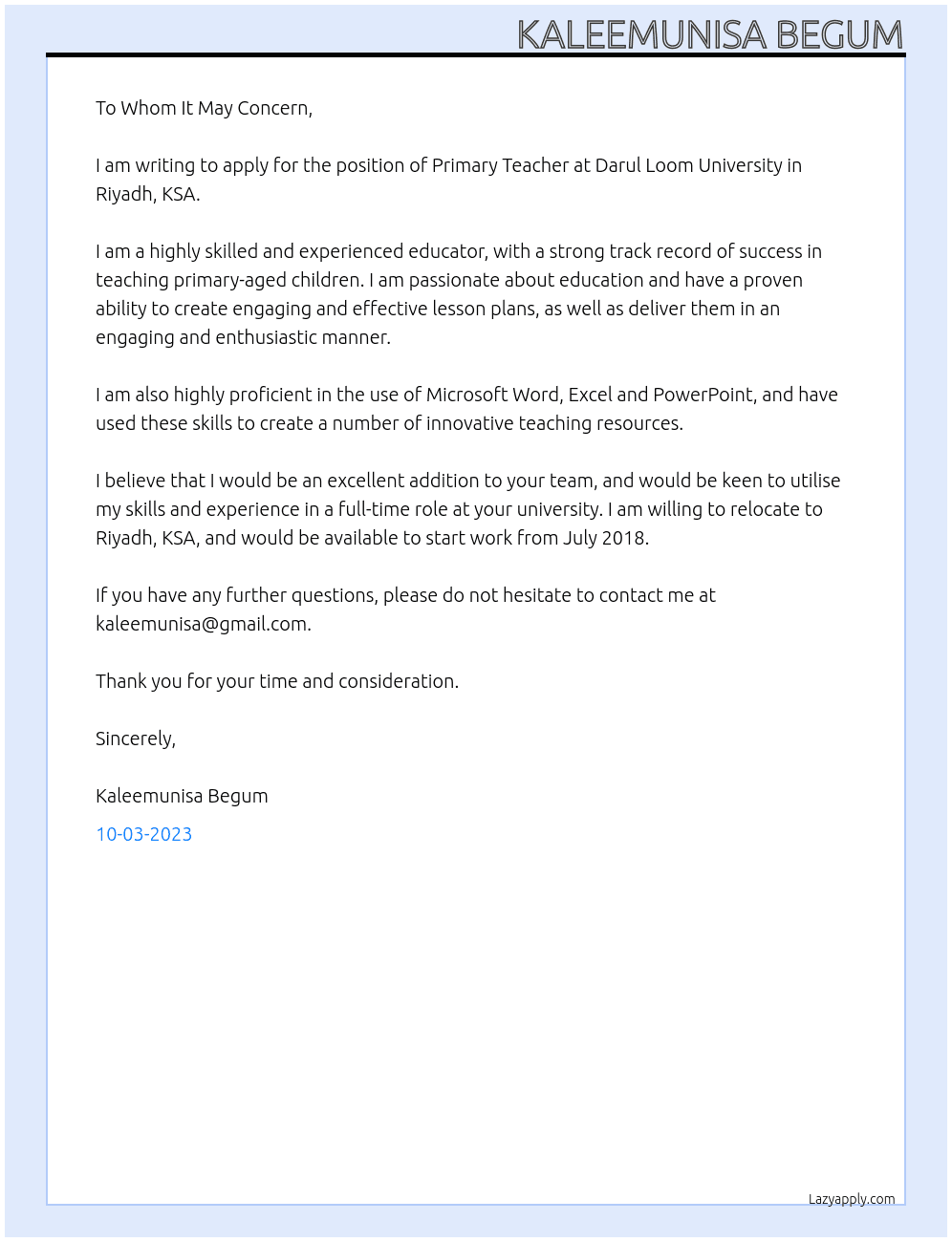 PRIMARY TEACHER At DARUL LOOM UNIVERSITY RIYADH K.S.A Cover Letter