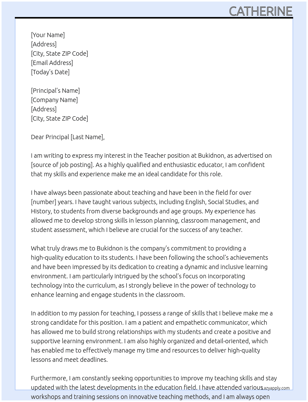 Teacher At Bukidnon Cover Letter