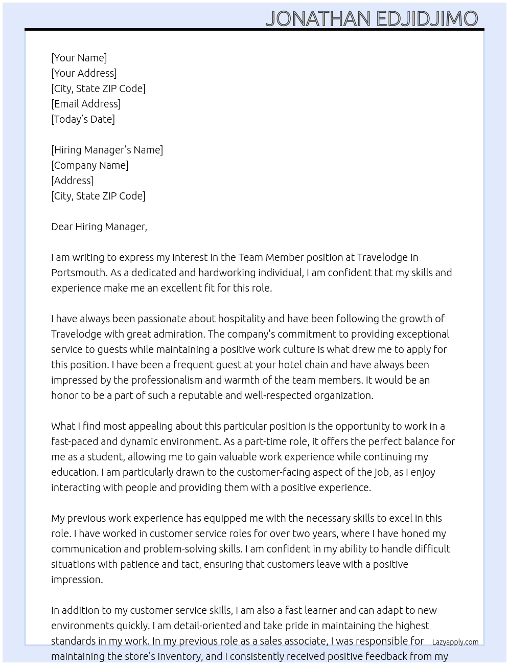 Team member  At Travelodge Cover Letter