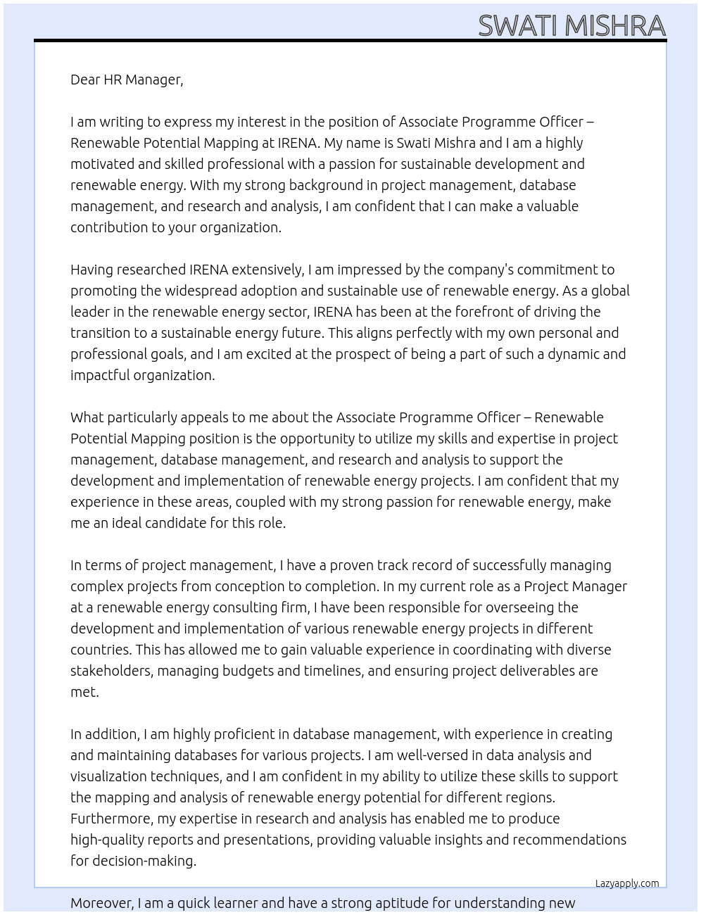 Associate Programme Officer – Renewable Potential Mapping At IRENA Cover Letter