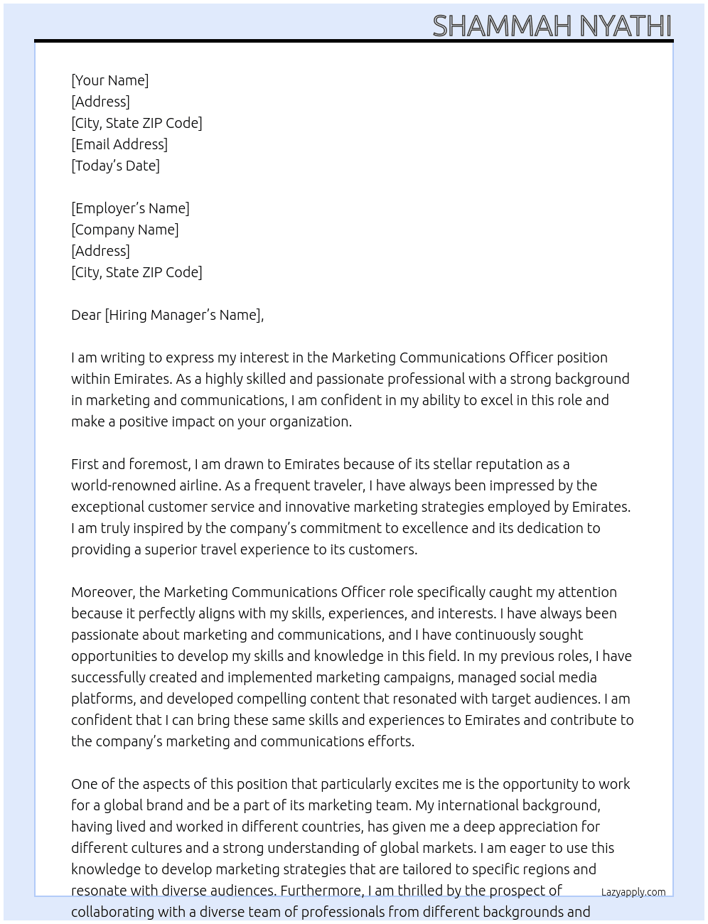 Marketing Communications Officer  At Emirates  Cover Letter