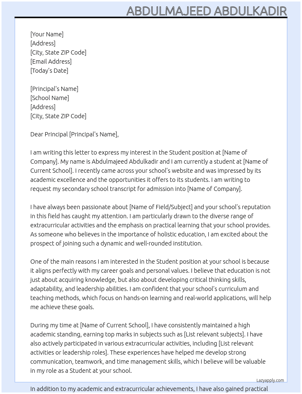 Student  At Request letter for Secondary School transcript  Cover Letter