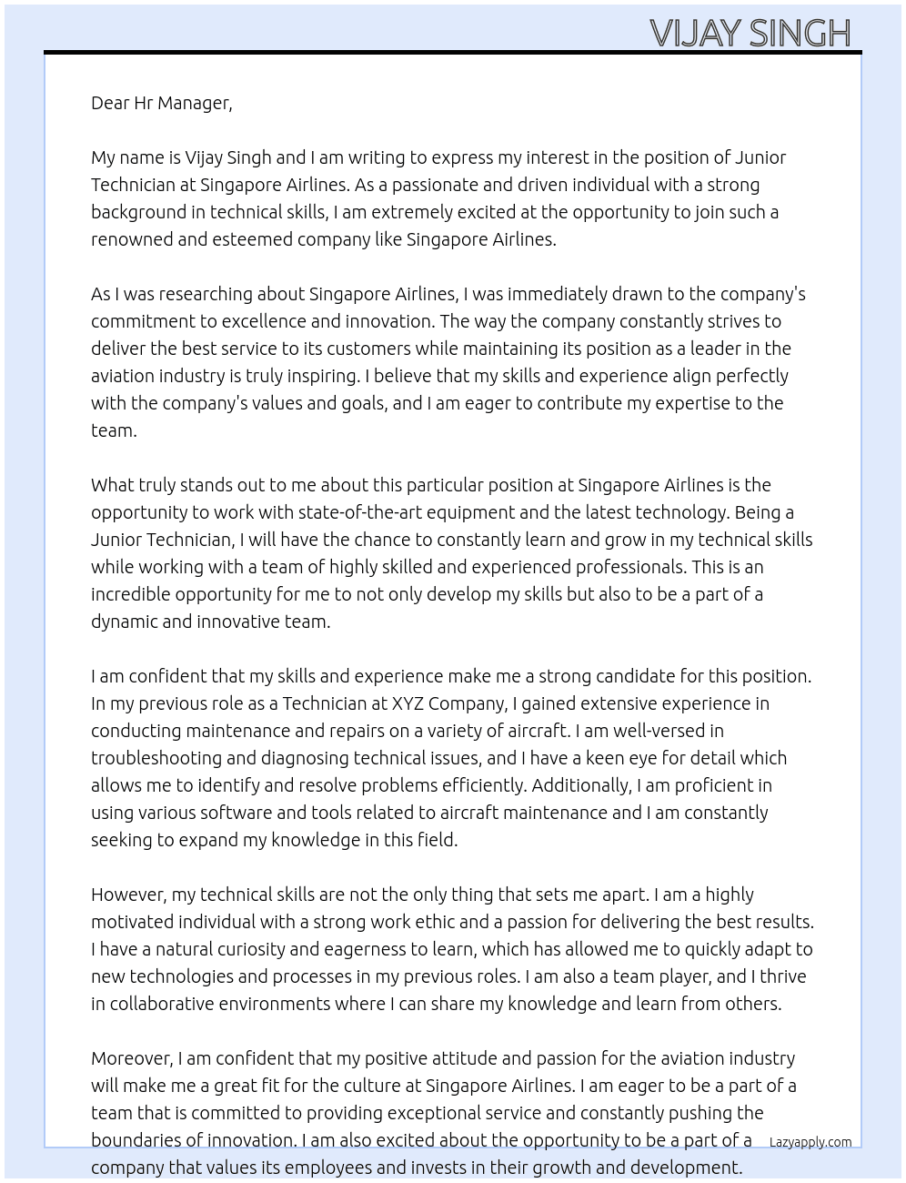 Junior technician  At Singapore airlines  Cover Letter
