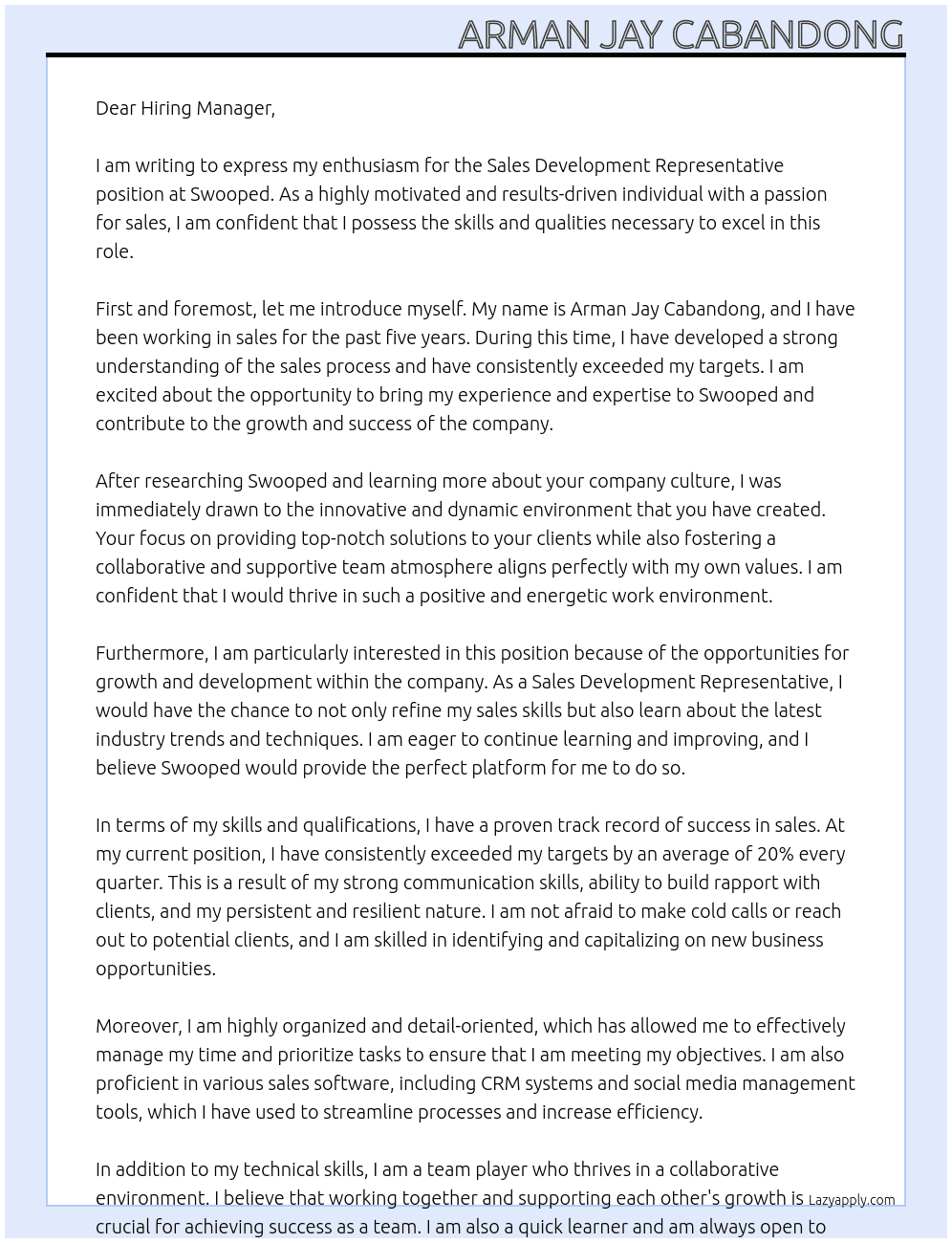 Sales development represenative At Swooped Cover Letter