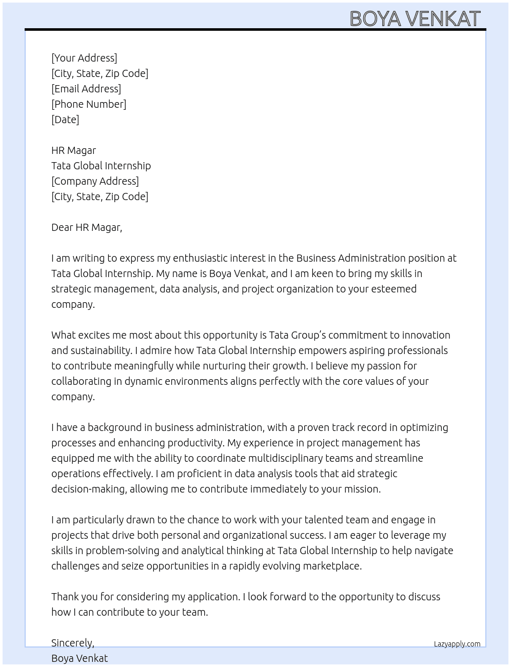 Business Administration  At TATA GLOBAL INTERSHIP  Cover Letter