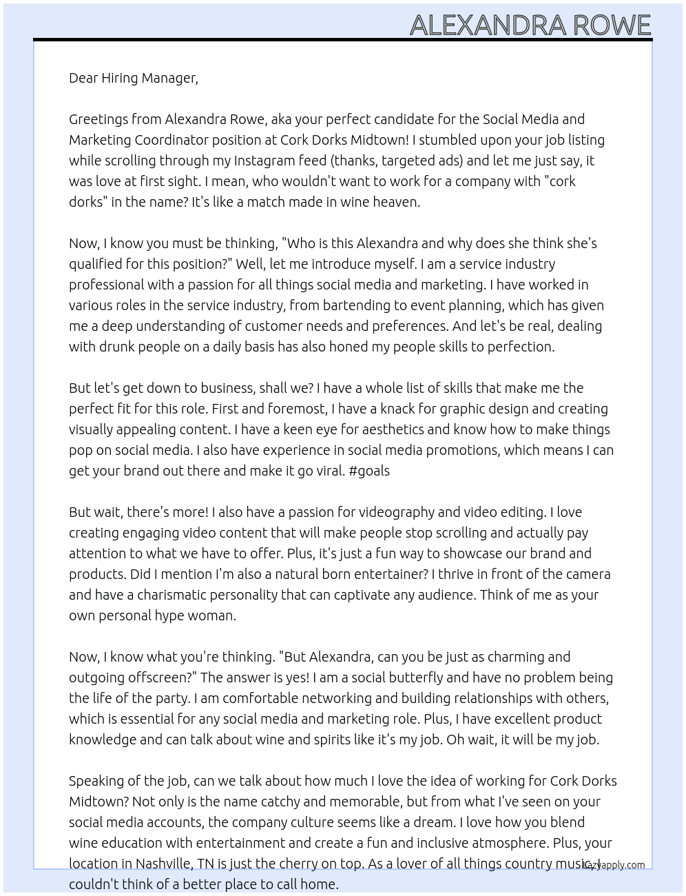 Social Media and Marketing Coordinator  At Cork Dorks Midtown  Cover Letter