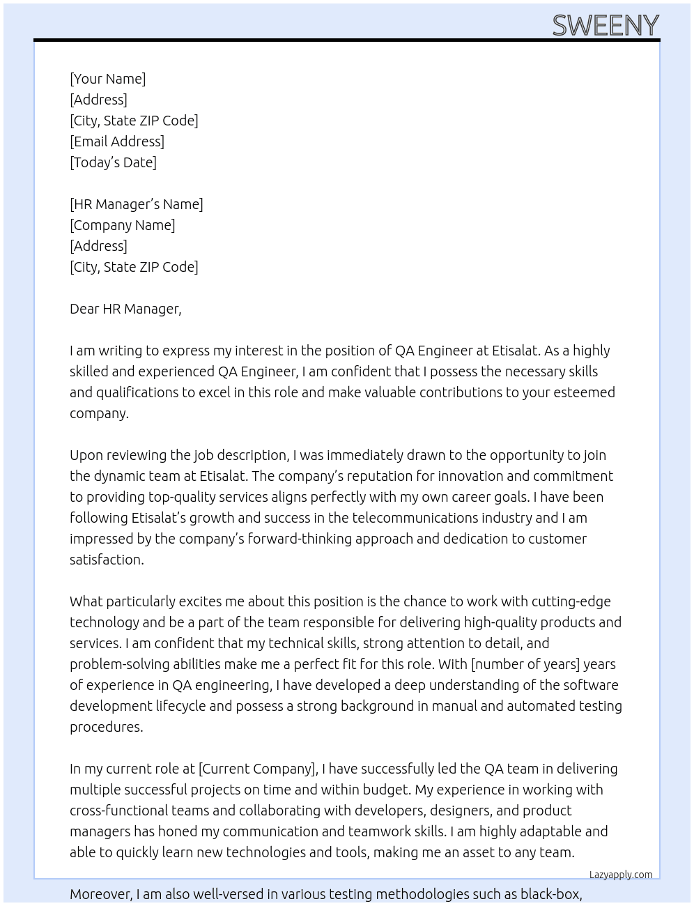 QA Engineer At etisalat Cover Letter