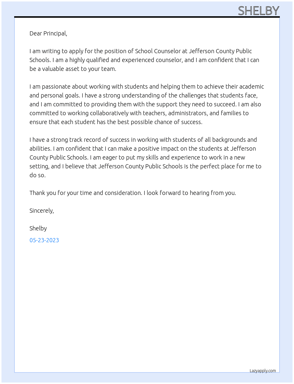 School Counselor At Jefferson County Public Schools Cover Letter