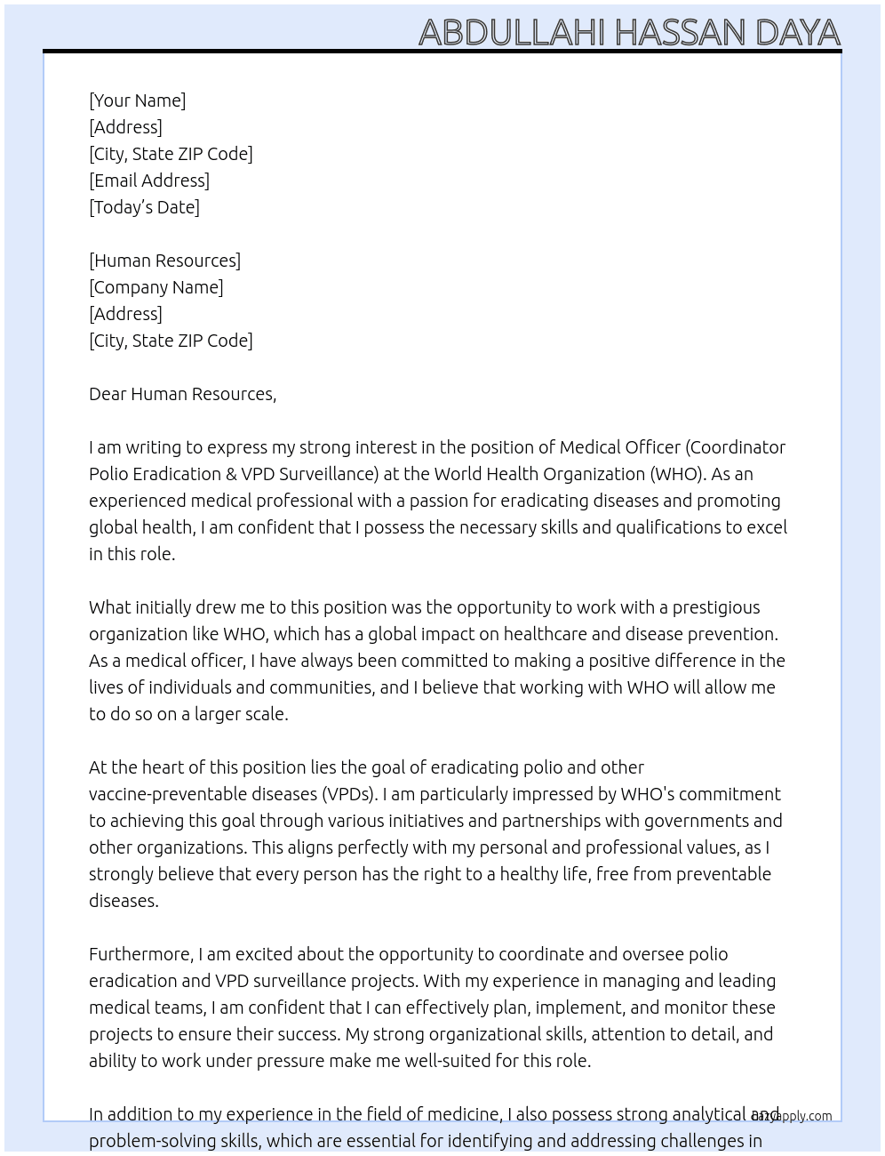 Medical Officer (Coordinator Polio Eradication & VPD Surveillance) At World Health Organization (WHO) Cover Letter