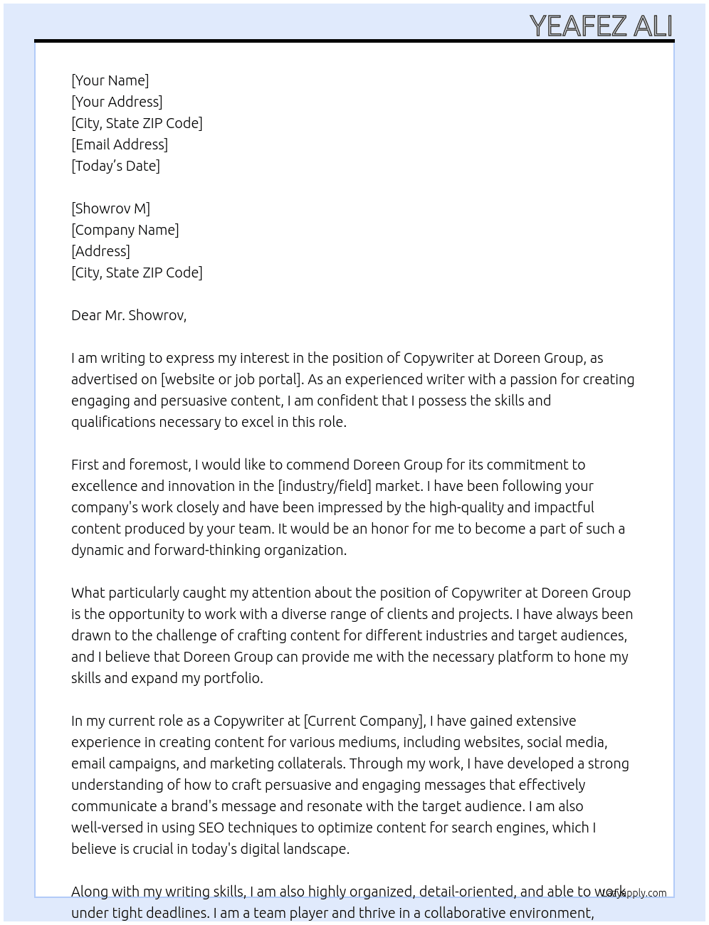 Copywriter  At Doreen Group Cover Letter