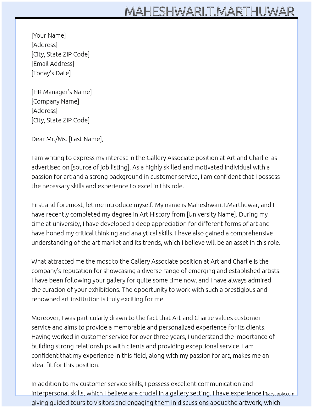Gallery Associate  At Art and Charlie  Cover Letter