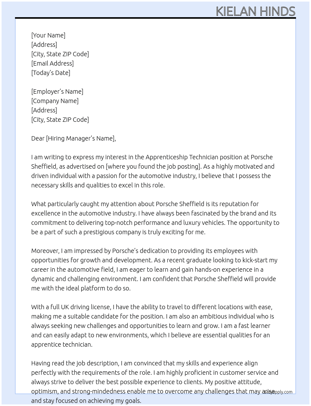Apprenticeship technician at Porsche Sheffield  At Porche Cover Letter