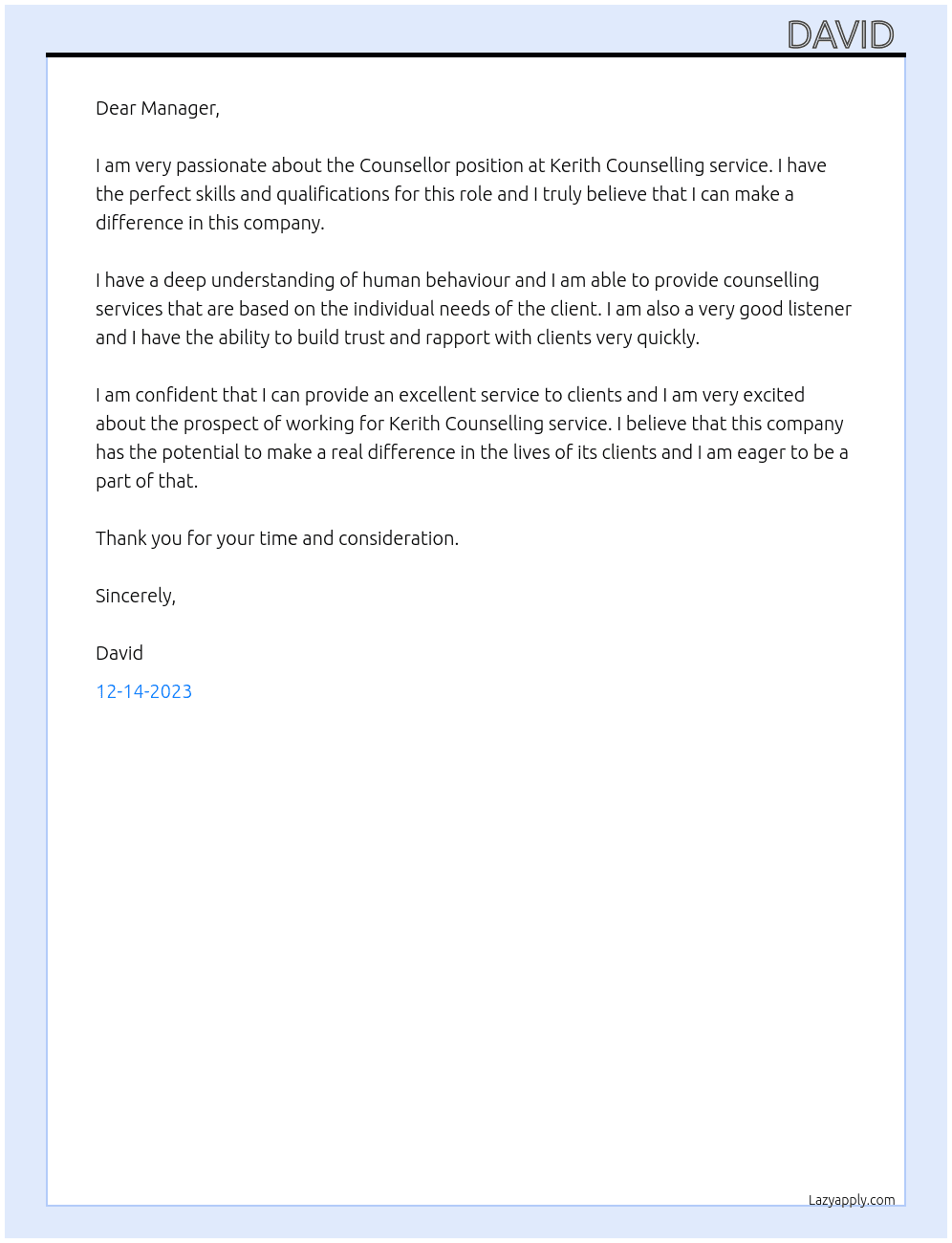 Counsellor At Kerith Counselling service  Cover Letter
