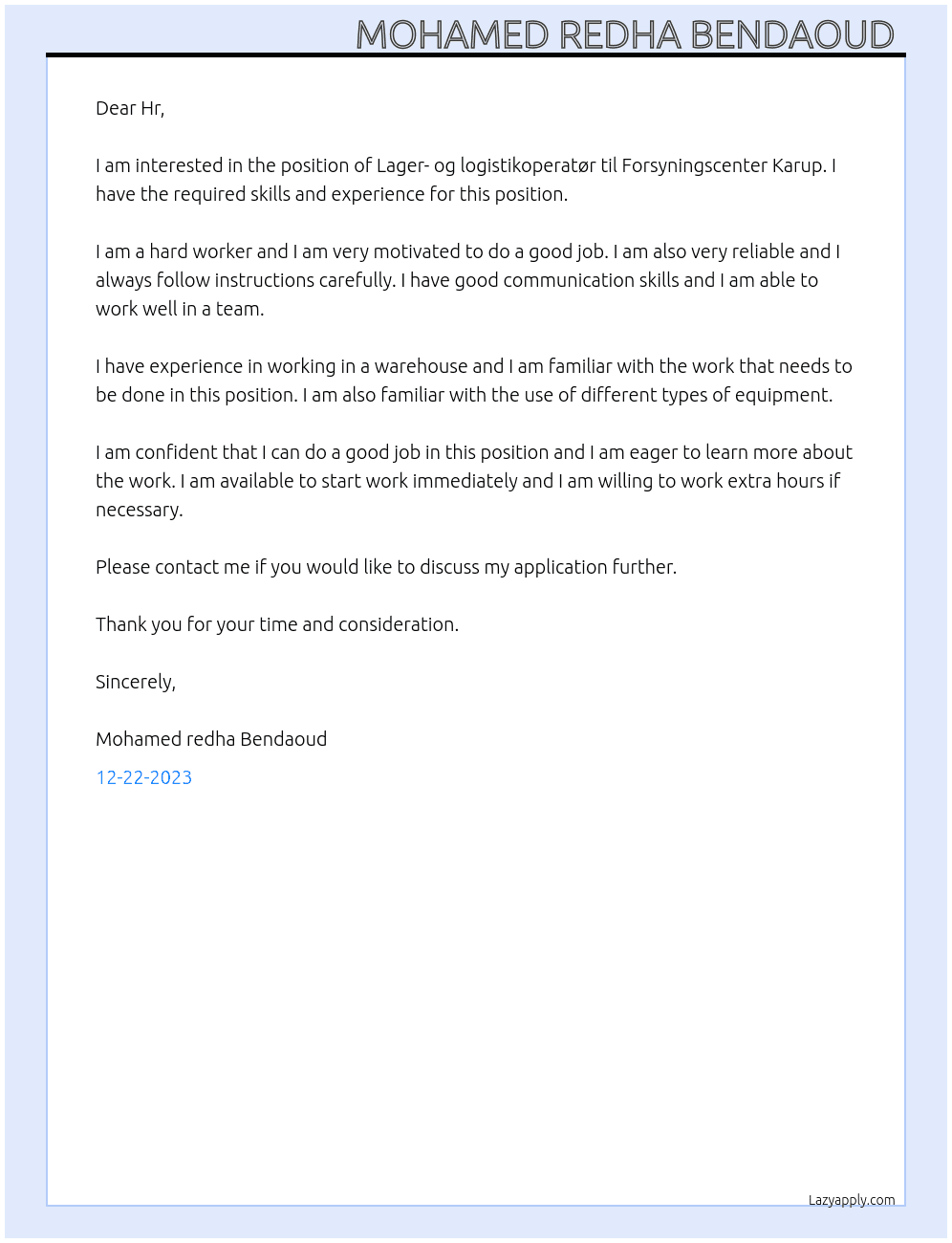 Lager- og logistikoperatør til Forsyningscenter Karup At Karup Cover Letter