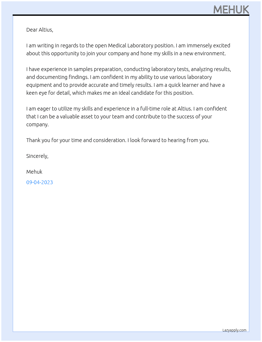 Medical Laboratory At Altius Cover Letter