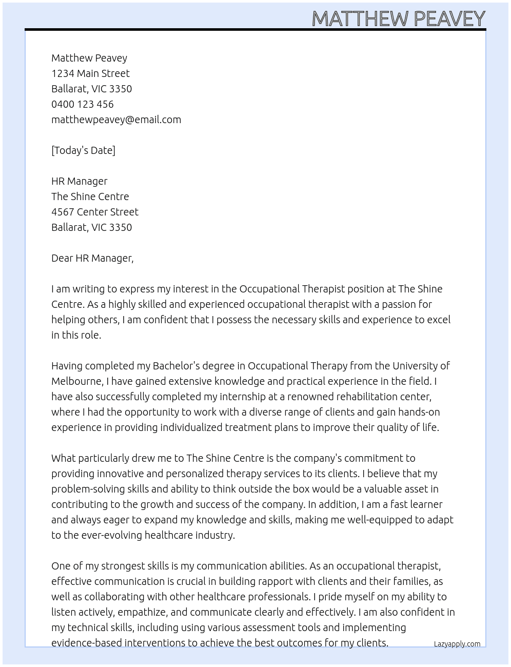 Occupational Therapist At The Shine Centre Cover Letter