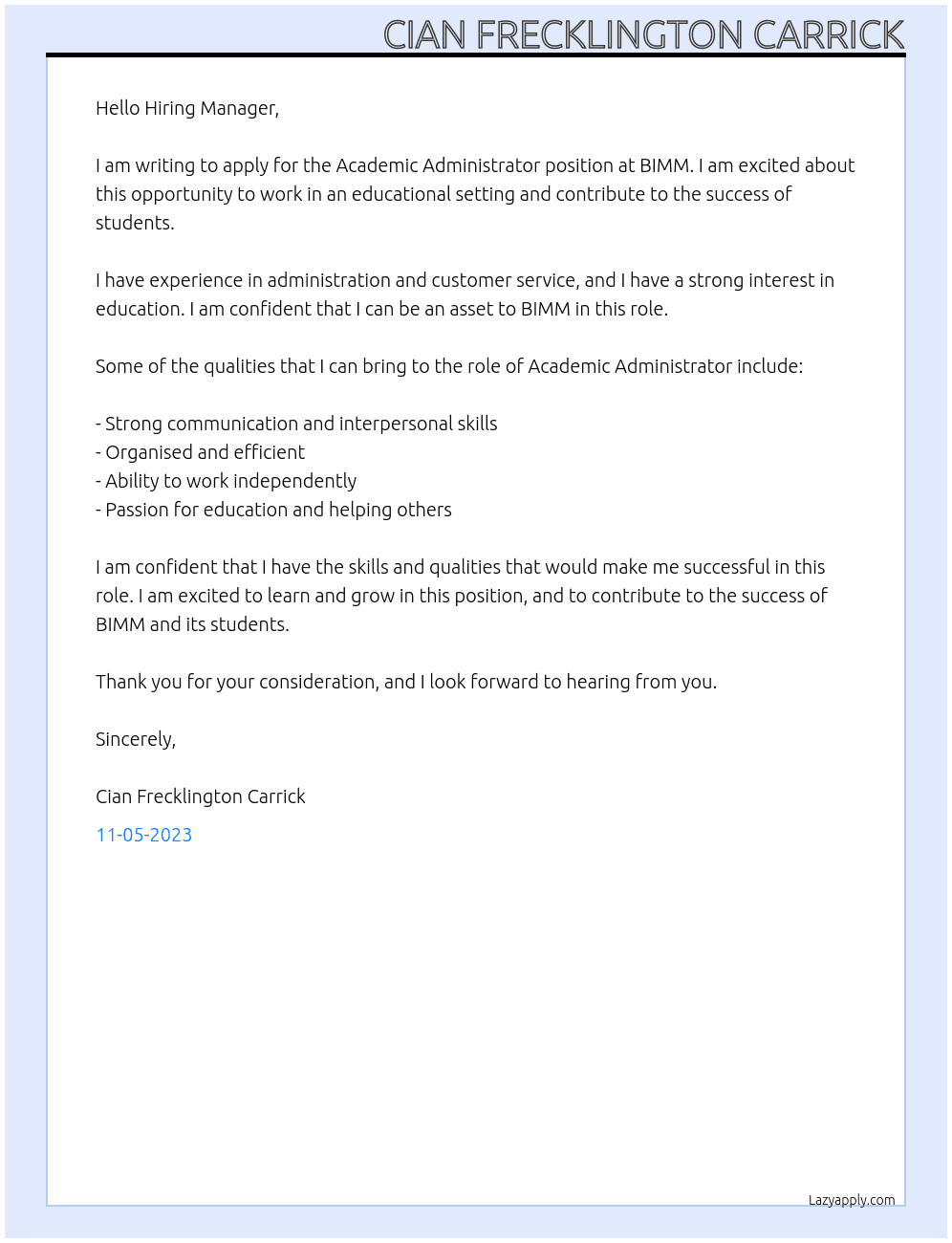 Academic Administrator At BIMM Cover Letter