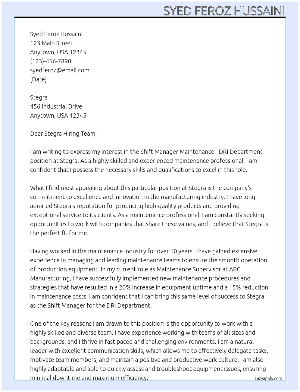 Shift Manager Maintenance- DRI Department At Stegra Cover Letter