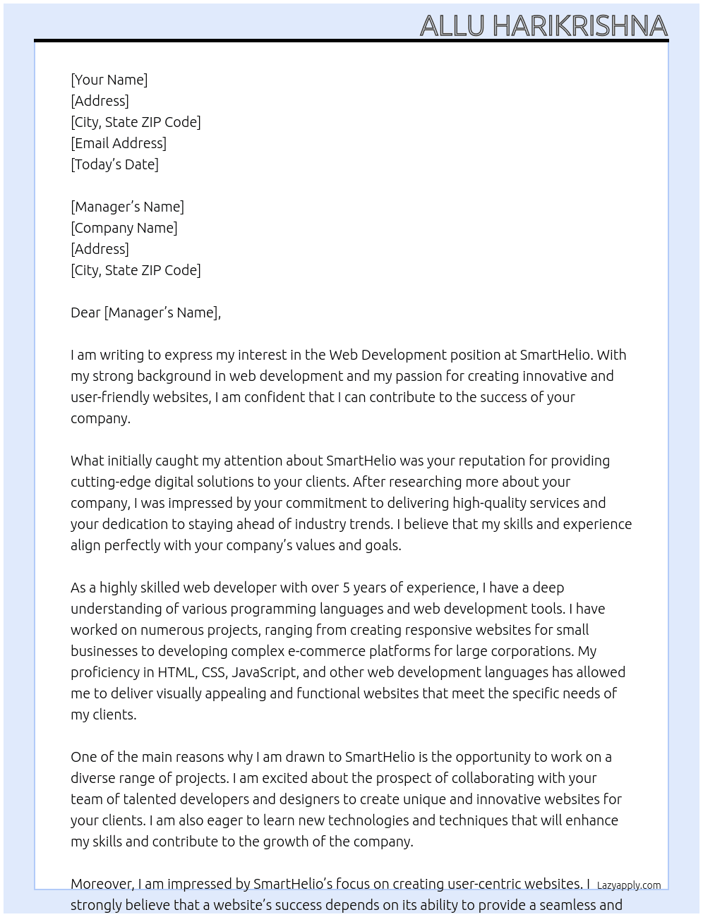 Web Development At SmartHelio Cover Letter