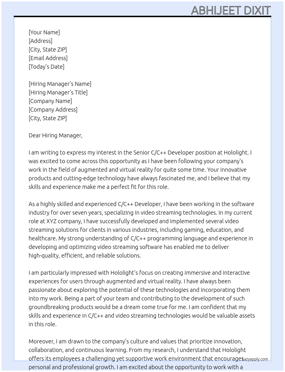 Senior C/C++ Developer At Hololight Cover Letter