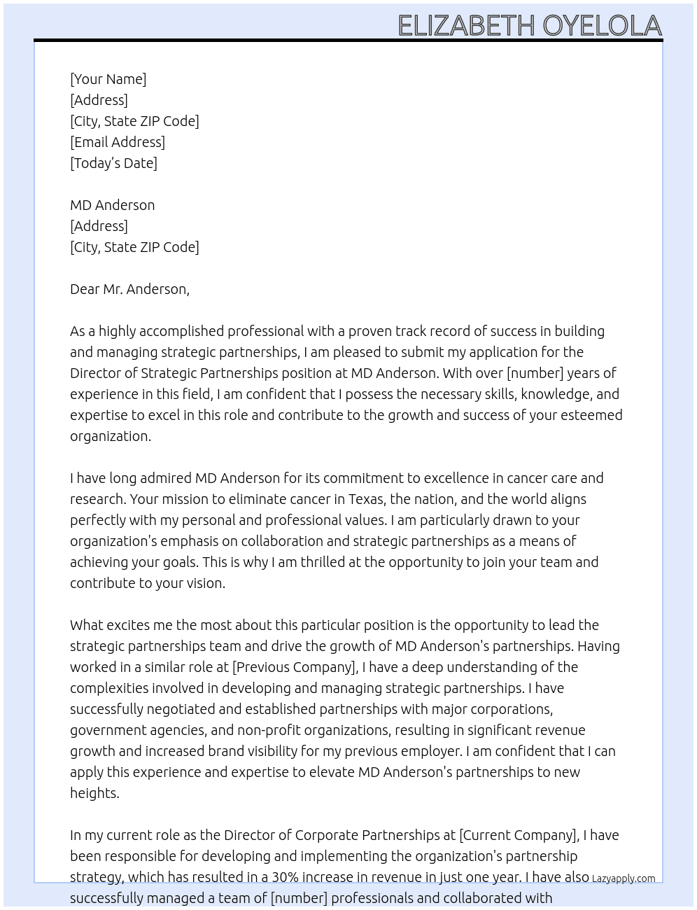 Director of Strategic Partnerships At MD Anderson Cover Letter